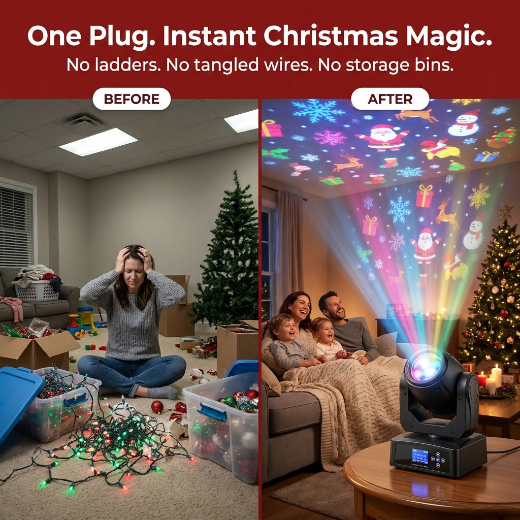 One plug, instant Christmas magic - before and after with the Christmas Cozy Projector