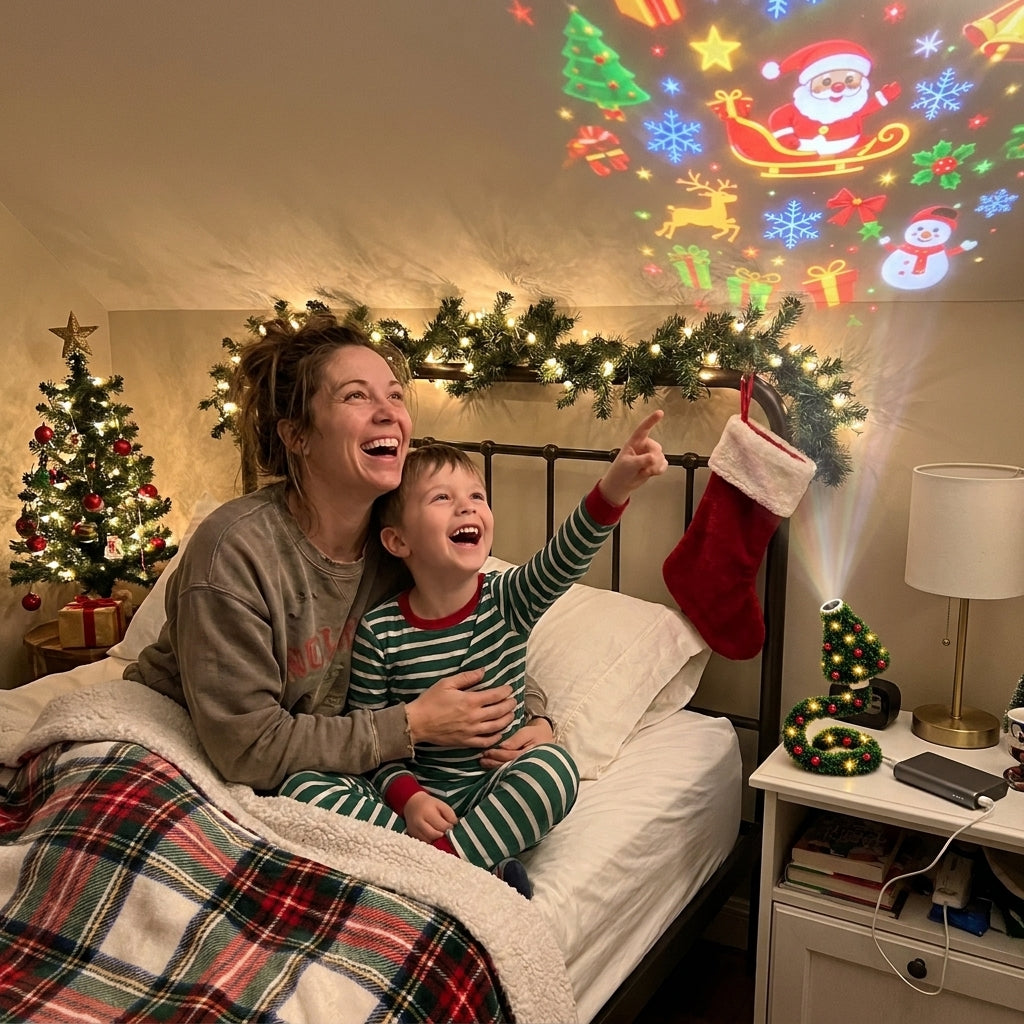 Mom and son watching Christmas scenes at bedtime