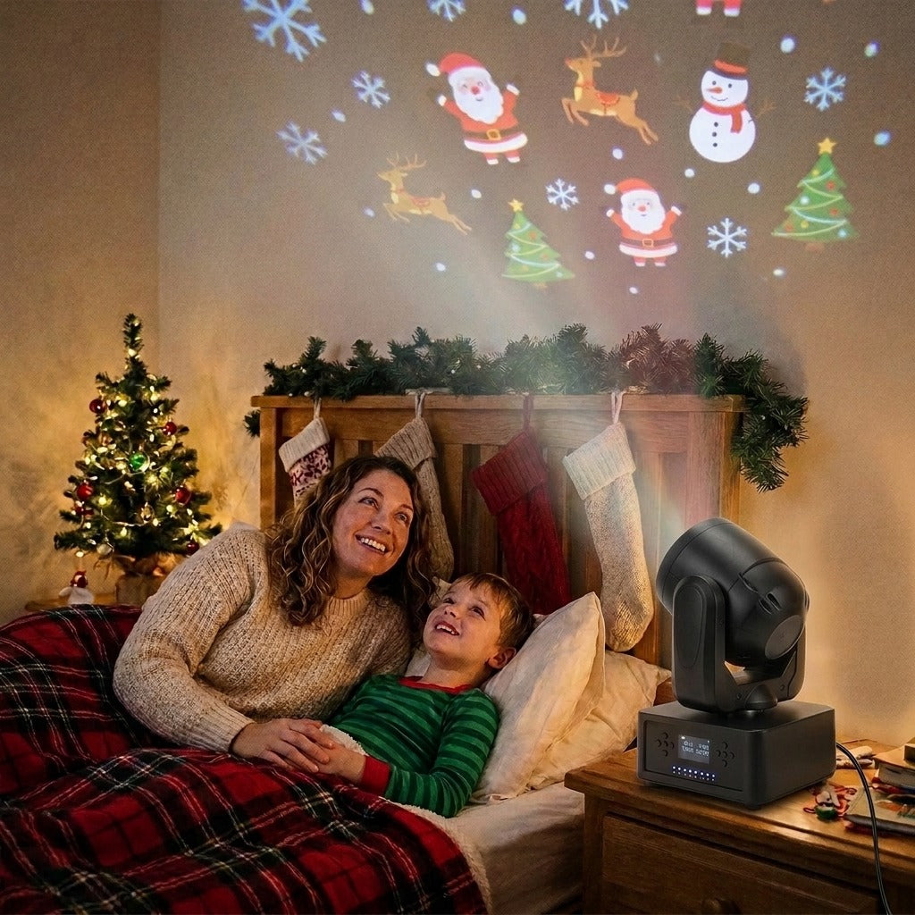 Mom and son watching Christmas patterns at bedtime