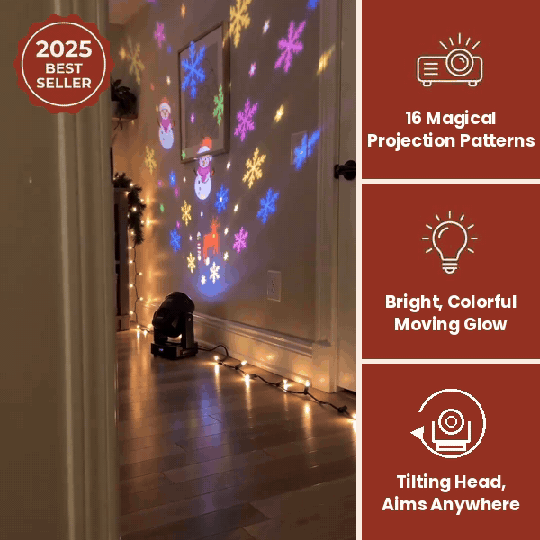 Christmas Cozy Projector Pro filling a hallway with moving Christmas patterns