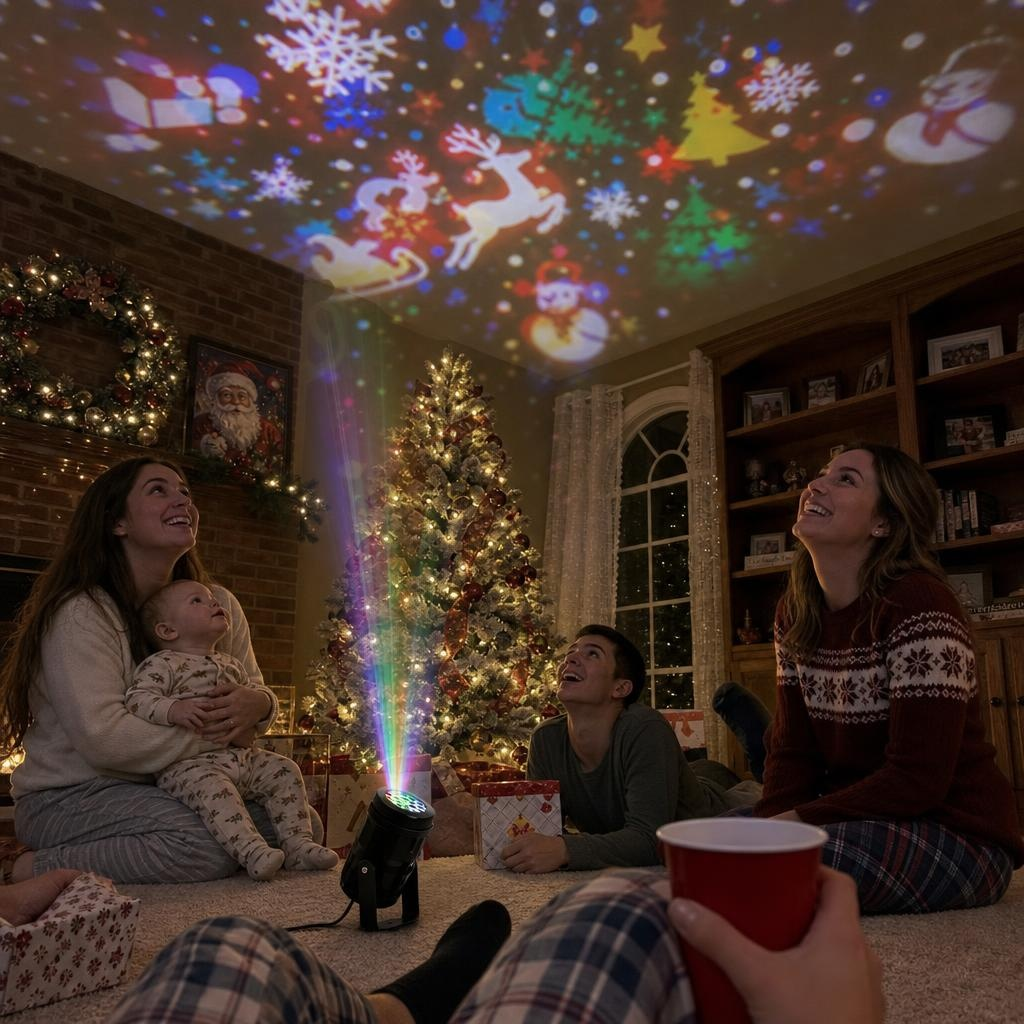 Family looking up at Christmas patterns from the Cozy Projector on the ceiling